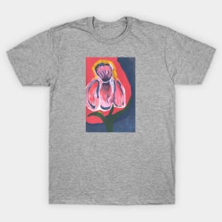 Red Gouache Flower on Blue Background T-Shirt